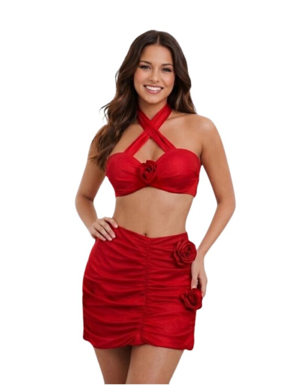 Rosette Red High Rise Bikini Set w/ Ruched 3D Rose Mini Skirt Medium Brazilian